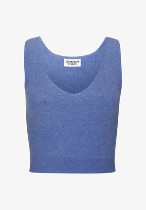 Blue ribbed knit sleeveless crop top with deep scoop neckline and Copenhagen Studios label inside collar.