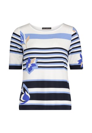 Korte mouw top met horizontale strepen in marineblauw, wit en lichtblauw, met bloemaccenten in blauw en beige aan de voorkant.