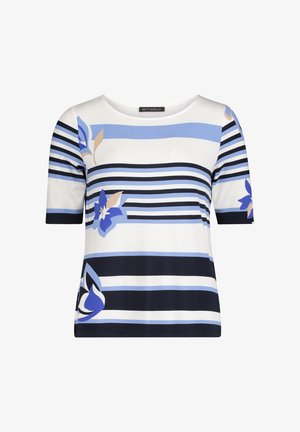 T-shirt à manches courtes avec des rayures horizontales bleu marine, blanc et bleu clair, agrémenté d'accents floraux en bleu et beige sur le devant.