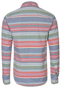 Overhemd met lange mouwen en een omslagkraag met knopen, met horizontale strepen in blauw, groen, rood en wit, gemaakt van gestructureerde katoenen stof.
