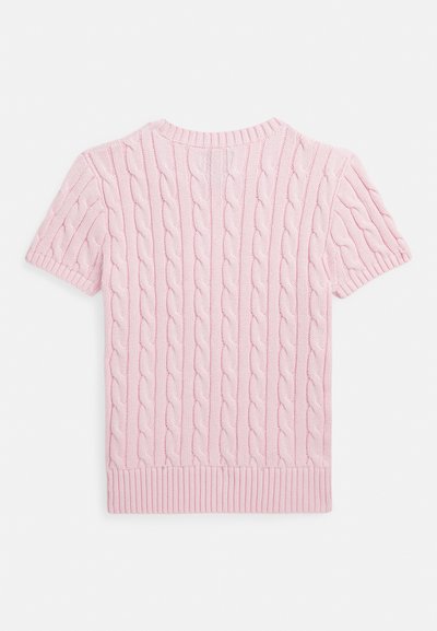 Πλεκτό ροζ πουλόβερ με κοντά μανίκια, με υφή από πλεκτό καλώδιο, με ριμπ λαιμόκοψη και ριμπ μανσέτες και τελείωμα.
