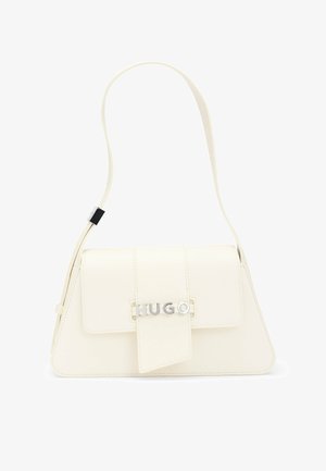 White vegan leather handbag with angular design, silver metal hardware, a flat flap, and a logo accent in the center. Adjustable strap included.
