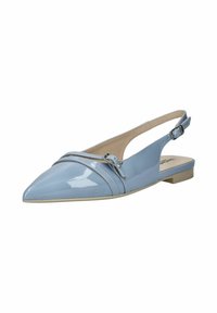 Chaussures slingback à bout pointu en cuir verni bleu clair brillant, dotées d'une bride réglable et de deux bandes décoratives croisées.