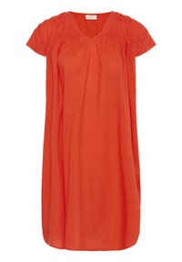 Luftiges, kurzärmeliges Kleid in lebhaftem Orange. Verfügt über einen V-Ausschnitt und Raffung an den Schultern. Weicher, leichter Stoff.