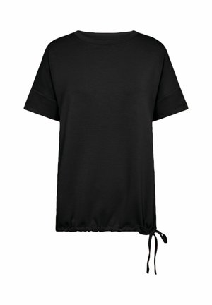 Black t-shirt with short sleeves, round neck, and a gathered bottom hem with adjustable tie. Soft fabric and relaxed fit.