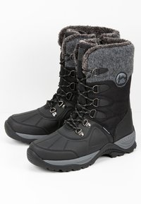Bottes d'hiver imperméables noires avec un col en polaire gris, fermeture à lacets à l'avant et semelle en caoutchouc ; conçues pour les conditions froides et neigeuses.