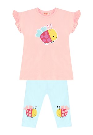 Pink short-sleeve top with ruffled sleeves and cartoon bee, paired with light blue pants featuring two matching bees on the knees.