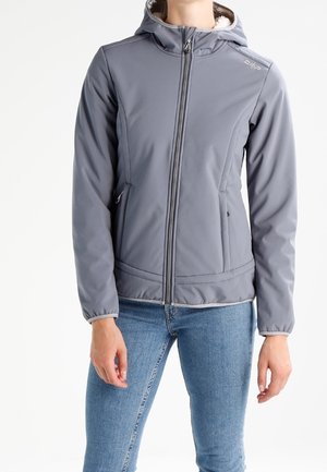 Veste softshell grise avec fermeture éclair à l'avant, capuche et poignets élastiques. Dispose de deux poches latérales et d'un doublure confortable autour du col.