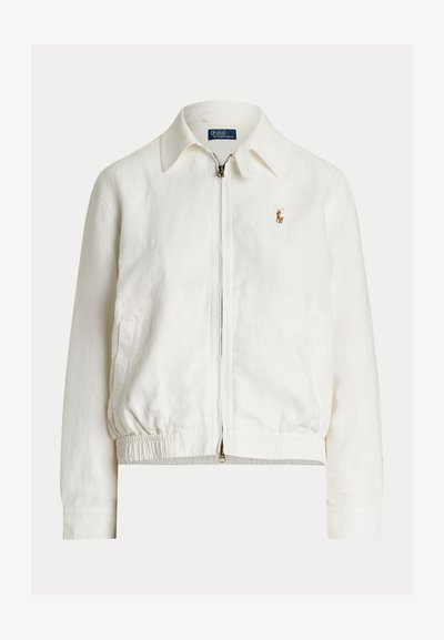 White linen bomber jacket with a zip front, elastic waistband, and long sleeves. Features a small, embroidered logo on the left chest.