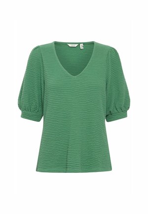 Roheline tekstureeritud petop, millel on V-kaelus, lühikesed puhvvarrukad ja mugav lõige. Sisaldab kortsustatud kangaid, mis lisavad detaili ja visuaalset huvi.