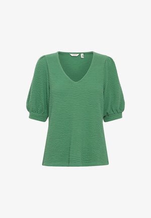 Zelena struktura majice z V-izrezom, kratkimi pufastimi rokavi in sproščenim krojem. Ima zmečkan material za dodatne detajle in vizualno zanimivost.