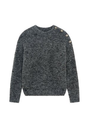 Grauer Strickpullover mit rundem Ausschnitt, langen Ärmeln und dekorativen Knöpfen an der Schulter. Weiche Textur und lockere Passform.