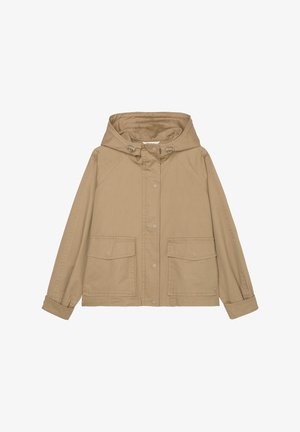 Chaqueta con capucha beige con botones a presión en la parte delantera, cordones ajustables en la capucha, mangas largas con puños y dos grandes bolsillos delanteros con solapa.