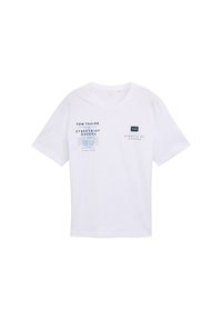 Witte katoenen t-shirt met korte mouwen, voorzien van marineblauwe tekst en afbeeldingen: "TOM TAILOR," "STREETS OF HAVANA," en een logo patch.