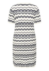 Robe courte en tricot de couleur crème à manches courtes, avec des rayures ondulées noires horizontales et un motif texturé semblable à de la dentelle sur toute la surface.