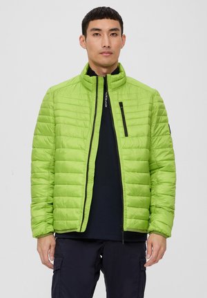 Grüne, puffy Jacke aus leichtem Material, mit hohem Kragen, Reißverschluss und schwarzen Akzenten. Strukturiertes Steppdesign überall.