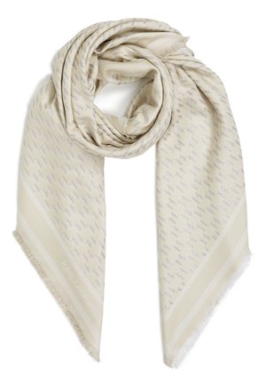 Cream scarf with subtle houndstooth pattern, soft texture, and fringed edges, folded in a loose loop with ends hanging down.