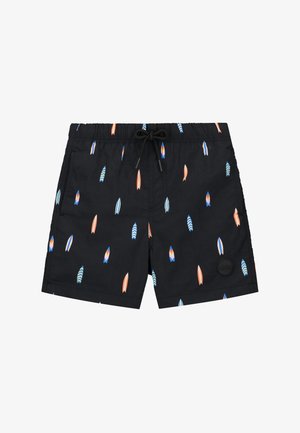 Pantaloni de baie negri cu un model de plăci de surf colorate în portocaliu, albastru și alb. Talie cu șnur ajustabil și buzunare laterale.