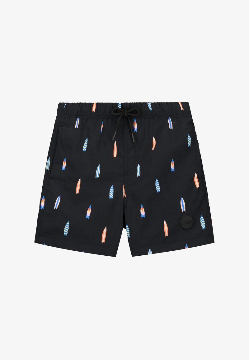 Juodos plaukimo šortai su spalvotų banglenčių raštu: oranžinė, mėlyna ir balta. Reguliuojamas raištelis liemens srityje ir šoninės kišenės.