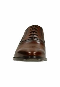 Bruine leren veterschoen met een gladde afwerking, ronde neus en subtiele stikseldetails. Tussenzool is stijlvol met een vlakke zool.