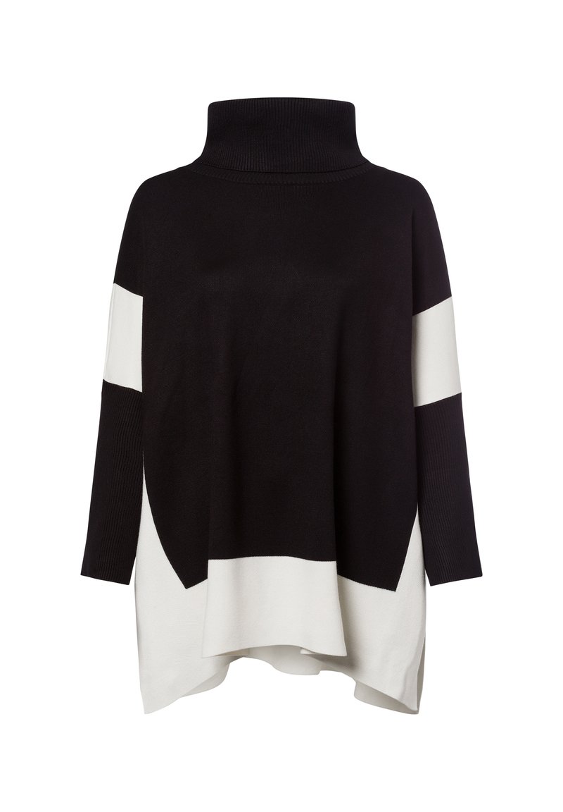 Schwarz-weißer übergroßer Rollkragenpullover mit geripptem Textur, kontrastierenden Blockstreifen und einem abgerundeten Saum für zusätzliche Details.