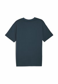 Tamsiai mėlynas trumpa rankovė t-shirt su apvaliu kaklu ir laisvu kirpimu. Pagaminta iš minkštos, lygaus audinio; paprastas dizainas, be matomų raštų ar akcentų.
