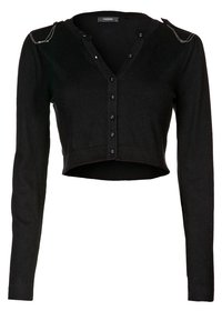 Svart kort cardigan i mjukt stickat tyg, med långa ärmar, knappstängning framtill och axelkedjedetaljer.