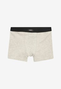 Ljust grå boxershorts med svart elastisk midjeband som har märket "NEXT." Tillverkade av mjukt, strukturerat tyg med en åtsittande design.