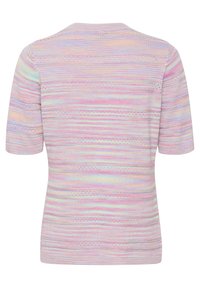 Top de punto de manga corta con rayas horizontales en tonos pastel de rosa, azul y lavanda, con pequeños detalles de ojales a lo largo de la tela.