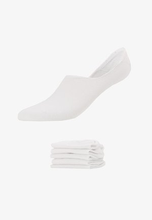 Baltas nesaredzamas zeķes ar bezšuvju dizainu. Izgatavotas no mīksta auduma, ar ciešu piegulšanu un gludu tekstūru. Redzama sešu pāru kaudze.