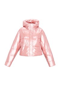 Krótka kurtka puchowa w błyszczącym różowym materiale z kapturem. Posiada przedni zamek błyskawiczny, szerokie rękawy oraz pikowany wzór.