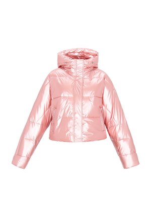 Krátká prošívaná bunda v lesklé růžové barvě s kapucí. Má přední zip, široké rukávy a prošívaný vzor.