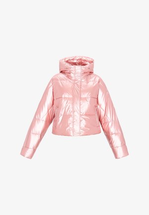 Gekürzte Steppjacke aus glänzendem pinkfarbenem Material mit Kapuze. Verfügt über einen Frontreißverschluss, weite Ärmel und ein gesteppte Design.