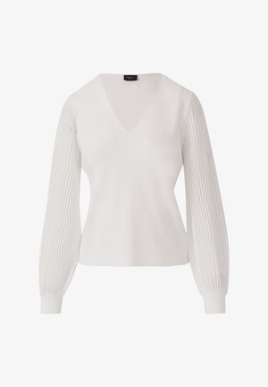 White sweater with a V-neck and ribbed long sleeves. The body is smooth while the sleeves feature vertical ribbing texture.