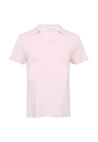 Helles rosa Poloshirt aus weichem Stoff, mit Kragen, kurzen Ärmeln und einem V-Ausschnitt, mit glatter Textur.