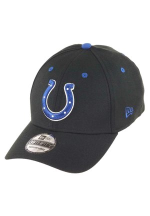 Black baseball cap with blue accents, featuring an embroidered horse shoe logo on the front, and a raised visor. New Era 39THIRTY style.