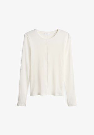 Witte lange mouwen top gemaakt van ribbelstof, met een ronde hals en een centrale naden detail. Eenvoudig, minimalistisch ontwerp.
