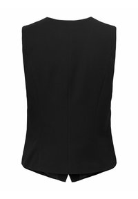 Schwarze ärmellose Weste mit tailliertem Schnitt, Rückennaht und geschlitztem Saum. Hergestellt aus glattem Stoff, mit einem klaren, minimalistischen Look.