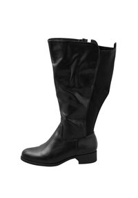 Czarne skórzane kozaki do kolan z okrągłym noskiem, gładką fakturą i minimalnymi zdobieniami. Zaprojektowane z niskim klockowym obcasem.