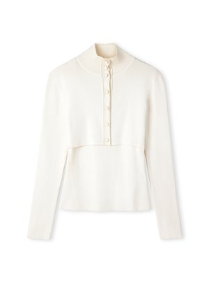 Witte lange mouw top met hoge kraag, knoopsluiting en cropped ontwerp. Gemaakt van een zachte stof met een gladde textuur.