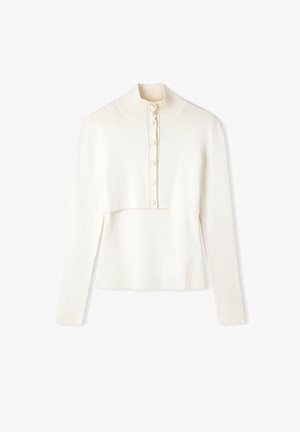 Witte lange mouw top met hoge kraag, knoopsluiting en cropped ontwerp. Gemaakt van een zachte stof met een gladde textuur.