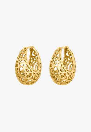 Orecchini a cerchio in oro caratterizzati da un intricato design a filigrana aperta, che mette in risalto forme curve e dettagli lungo l'intera superficie.