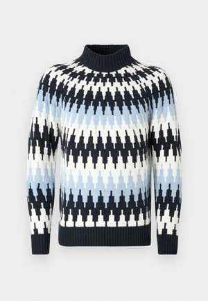 Knit pullover sweater with a high neck in blue, white, and black, featuring a zigzag pattern and ribbed cuffs and hem.