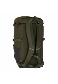 Olive green backpack with padded mesh shoulder straps, top handle, side pockets, and adjustable straps. Features a sleek design and sturdy fabric.