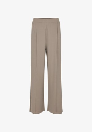 Široke hlače iz mehkega taupe blaga, ki se odlikujejo z gladko teksturo, elastičnim pasom in podrobnostmi v obliki prednih gub.