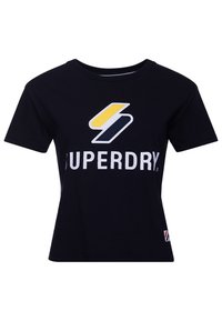 Camiseta de manga corta negra hecha de algodón, con un destacado logo en blanco de "SUPERDRY" y un diseño gráfico en amarillo y azul marino.