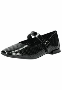Chaussure plate Mary Jane en cuir verni noir avec un motif texturé en diamant et une bride à boucle sur le dessus.