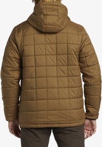Brown quilted puffer jacket with a hood, featuring a square pattern. Made of insulated material for warmth, with elastic cuffs and a hem.