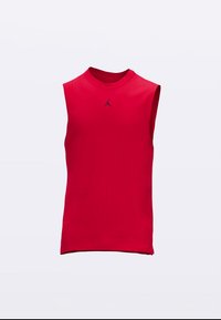 Rdeča športna majica brez rokavov z okroglim izrezom, na sredini prsnega koša majhen črn logo Jordan. Narejena iz gladke tkanine.