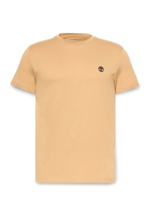 Beżowy t-shirt z krótkim rękawem i okrągłym dekoltem, z małym czarnym logo drzewa na lewej piersi, jednolity wzór.